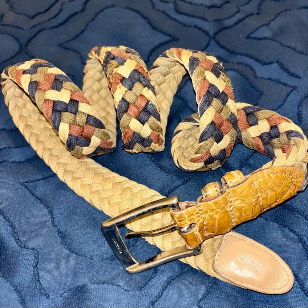 Men’s Multicolor Woven Braided Belt, Real Crocodile Leather Trim, Brass Buckle
